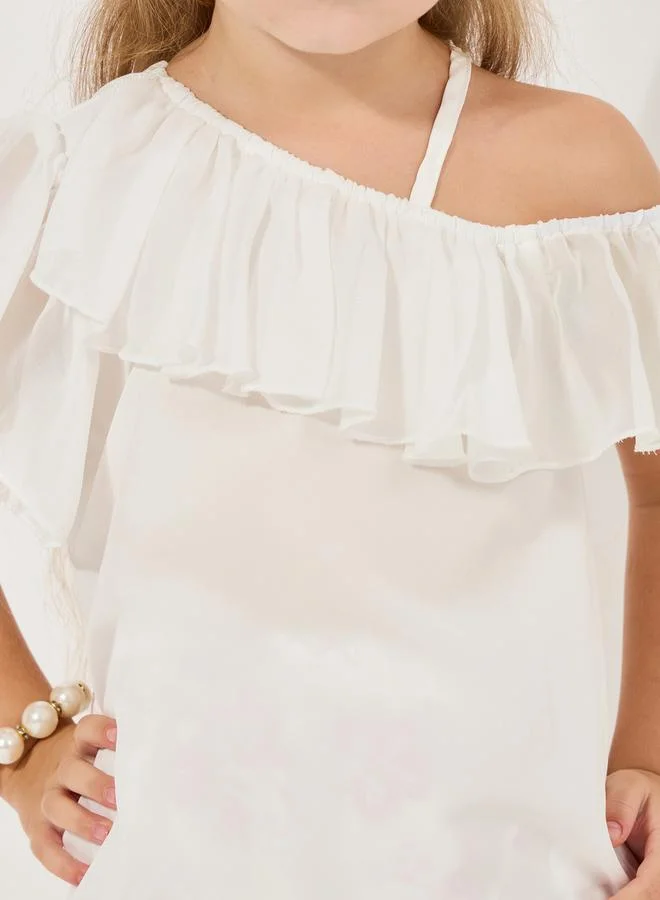 Styli Asymmetrical Ruffle Neck Top & Jacquard Skirt Set