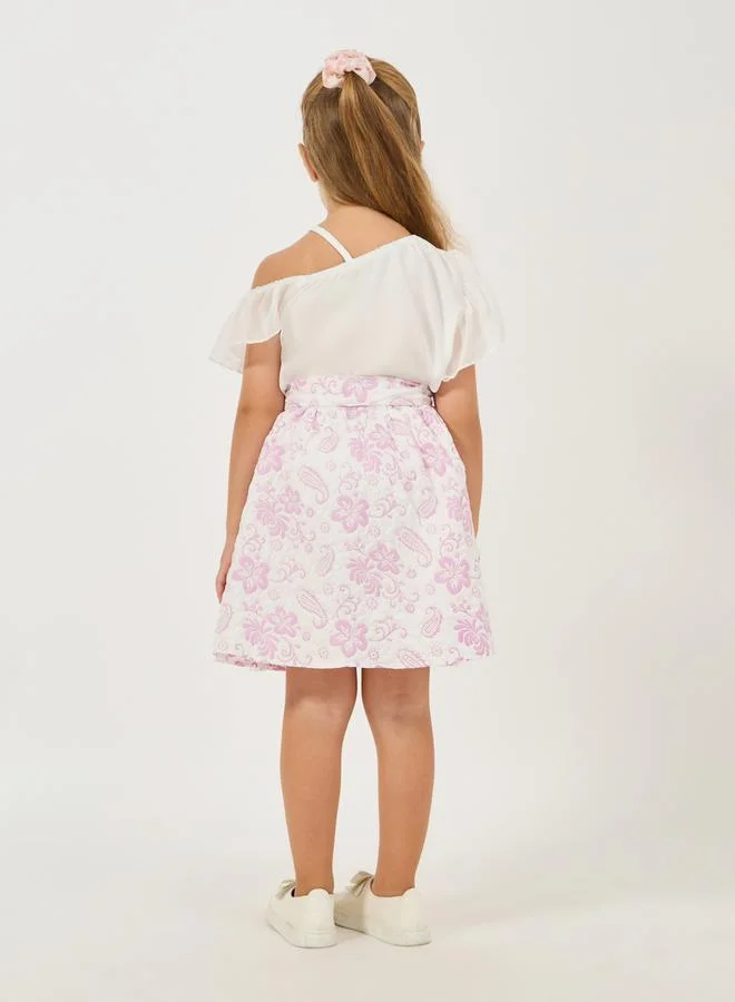 Styli Asymmetrical Ruffle Neck Top & Jacquard Skirt Set