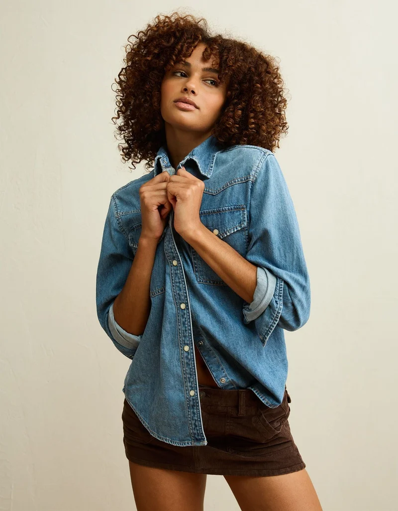 American Eagle  AE Throwback Denim Button-Up Shirt for Women | Best Price UAE