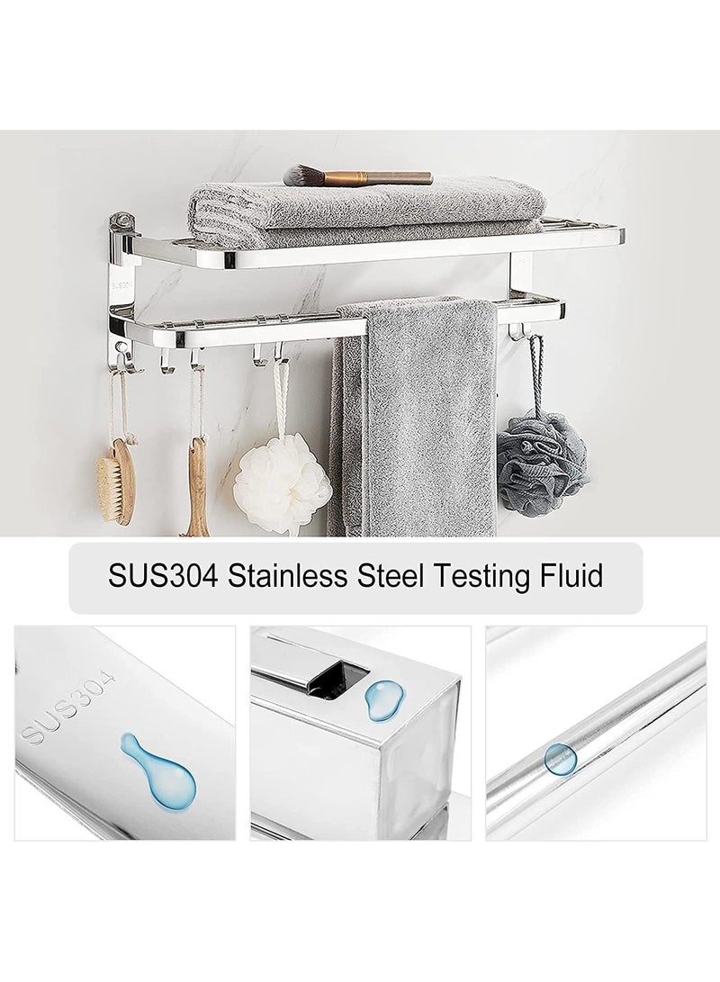 Foldable Towel Rack for Bathroom Wall Mounted Towel Shelf with 4 Movable Hooks and Adjustable Towel Bar 304 Stainless Steel Towel Holder Toilet Bathroom Bath Towel Cleaning Tools Holder  (Silver)  - Image 5