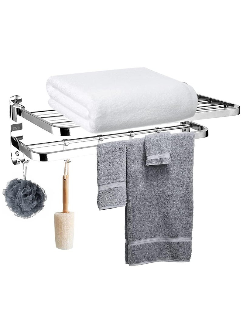 Foldable Towel Rack for Bathroom Wall Mounted Towel Shelf with 4 Movable Hooks and Adjustable Towel Bar 304 Stainless Steel Towel Holder Toilet Bathroom Bath Towel Cleaning Tools Holder  (Silver)  - Image 1