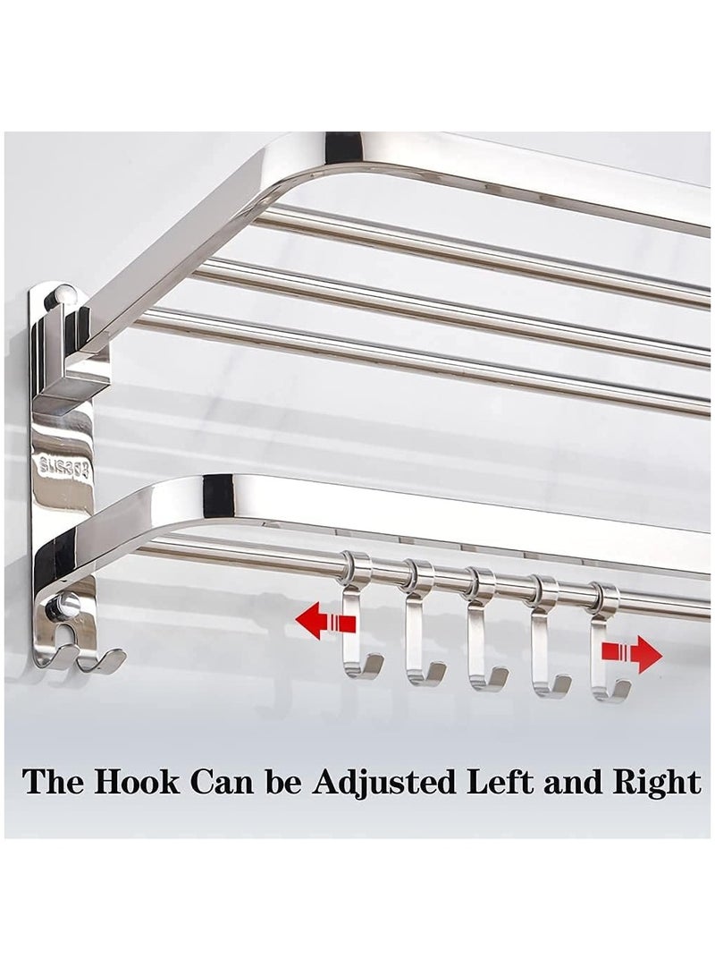 Foldable Towel Rack for Bathroom Wall Mounted Towel Shelf with 4 Movable Hooks and Adjustable Towel Bar 304 Stainless Steel Towel Holder Toilet Bathroom Bath Towel Cleaning Tools Holder  (Silver)  - Image 3