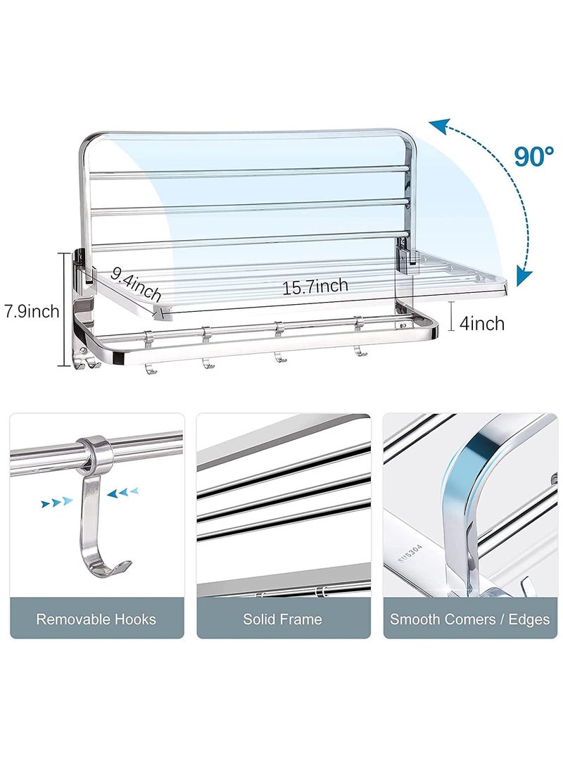 Foldable Towel Rack for Bathroom Wall Mounted Towel Shelf with 4 Movable Hooks and Adjustable Towel Bar 304 Stainless Steel Towel Holder Toilet Bathroom Bath Towel Cleaning Tools Holder  (Silver)  - Image 2