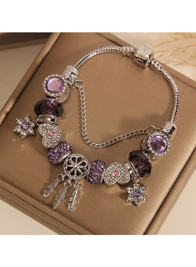 Women's Classic Fashion Versatile Cubic Zirconia Purple Beaded Bracelet Temperament Dream Catching Net Bracelet Snake Chain Set Gift - Image 2
