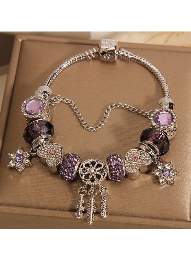 Women's Classic Fashion Versatile Cubic Zirconia Purple Beaded Bracelet Temperament Dream Catching Net Bracelet Snake Chain Set Gift - Image 1