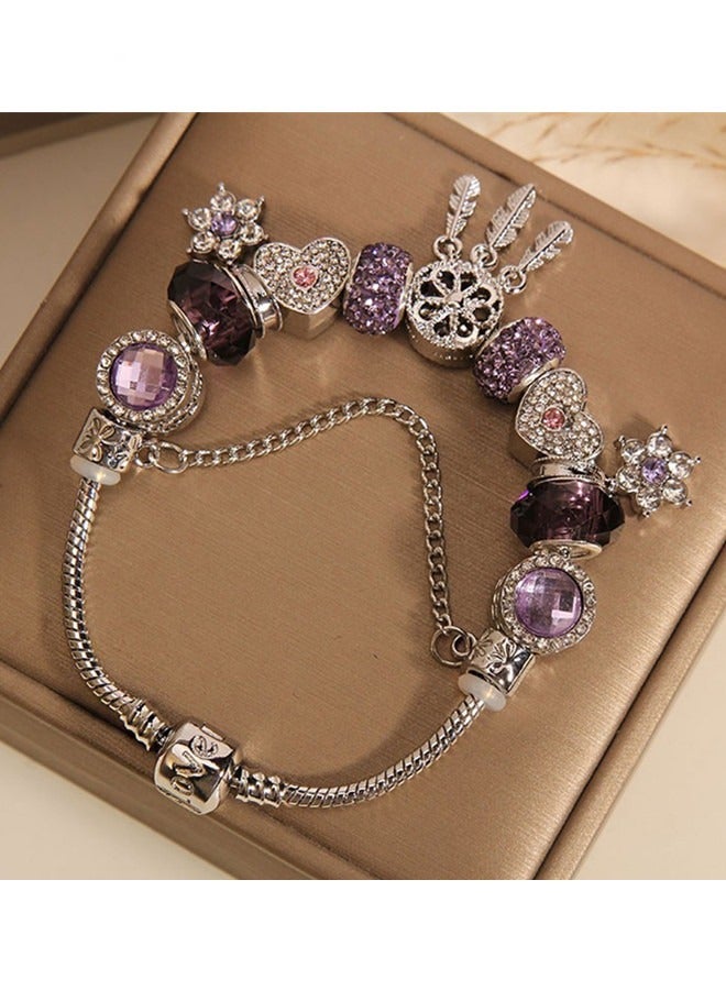 Women's Classic Fashion Versatile Cubic Zirconia Purple Beaded Bracelet Temperament Dream Catching Net Bracelet Snake Chain Set Gift - Image 3