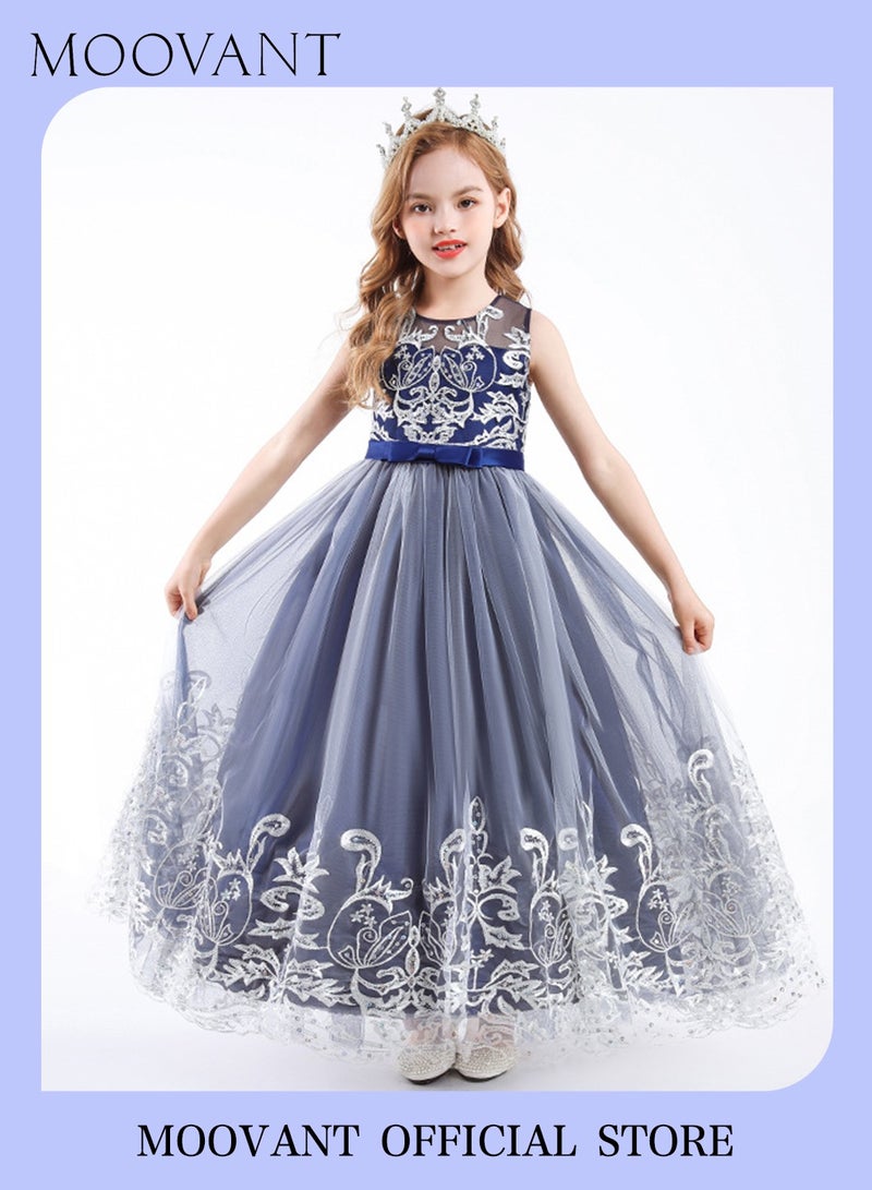 Moovant Girl's Party Dress, Mesh Gown Princess Dress, Costume Tutu, Sleeveless Toddler Little Kids Bow Back Party Wear, Wedding Evening Formal Pageant Dance Gown, for Birthday, Blue - Image 1