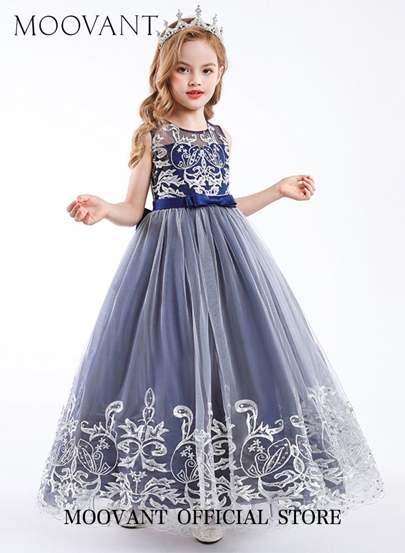 Moovant Girl's Party Dress, Mesh Gown Princess Dress, Costume Tutu, Sleeveless Toddler Little Kids Bow Back Party Wear, Wedding Evening Formal Pageant Dance Gown, for Birthday, Blue - Image 3