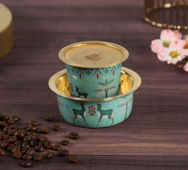 India Circus by Krsnaa Mehta India Circus by Krsnaa Mehta Mirroring Deer Garden Brass Coffee Tea Cup Tumbler Traditional Kumbakonam Dawara Set Filter Coffee Set Serving Drinkware 150 ml  - Image 1