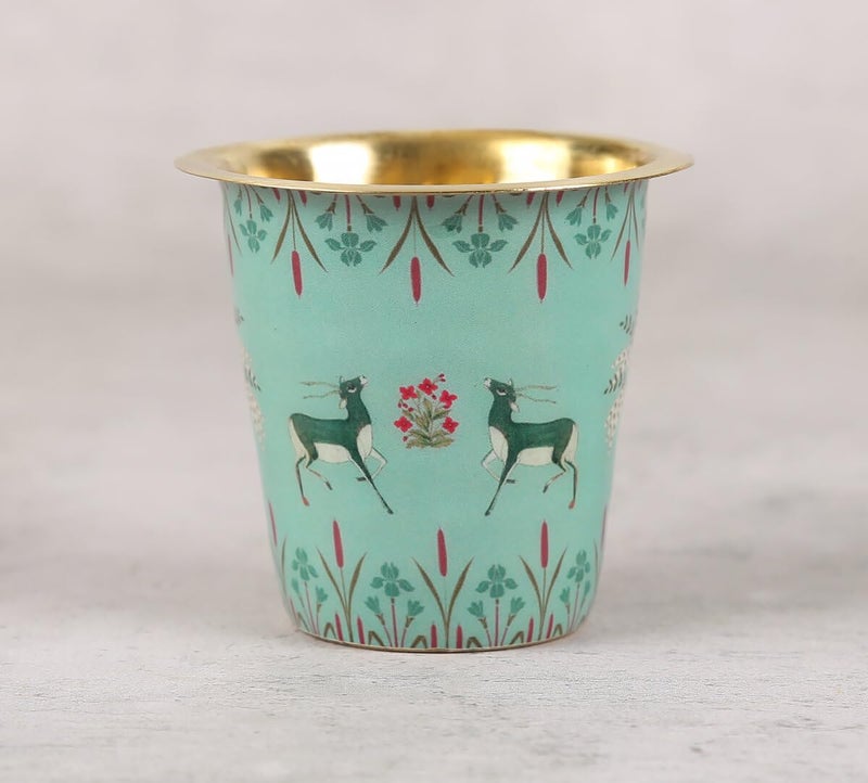 India Circus by Krsnaa Mehta India Circus by Krsnaa Mehta Mirroring Deer Garden Brass Coffee Tea Cup Tumbler Traditional Kumbakonam Dawara Set Filter Coffee Set Serving Drinkware 150 ml  - Image 4