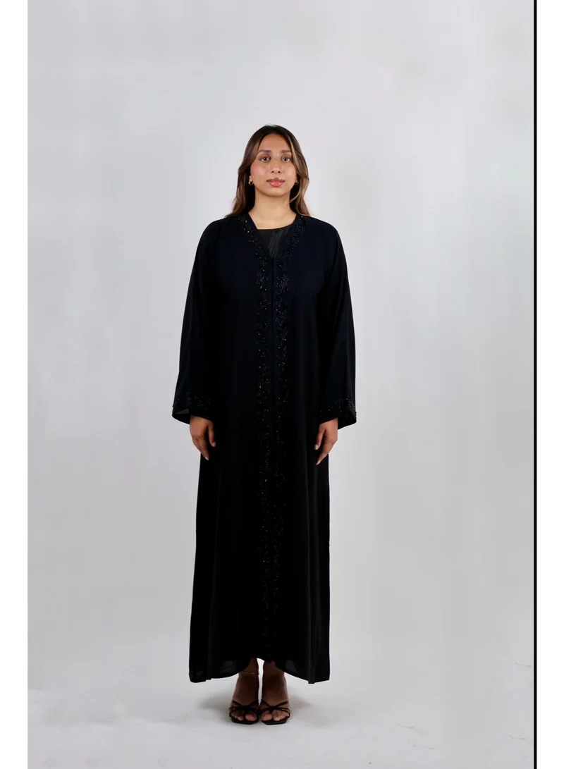 Jameela  Open Front Black Abaya with Intricate Hand-Beaded Stone Work for Women | Best Price UAE