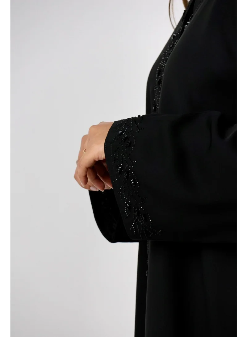 Jameela  Open Front Black Abaya with Intricate Hand-Beaded Stone Work for Women | Best Price UAE