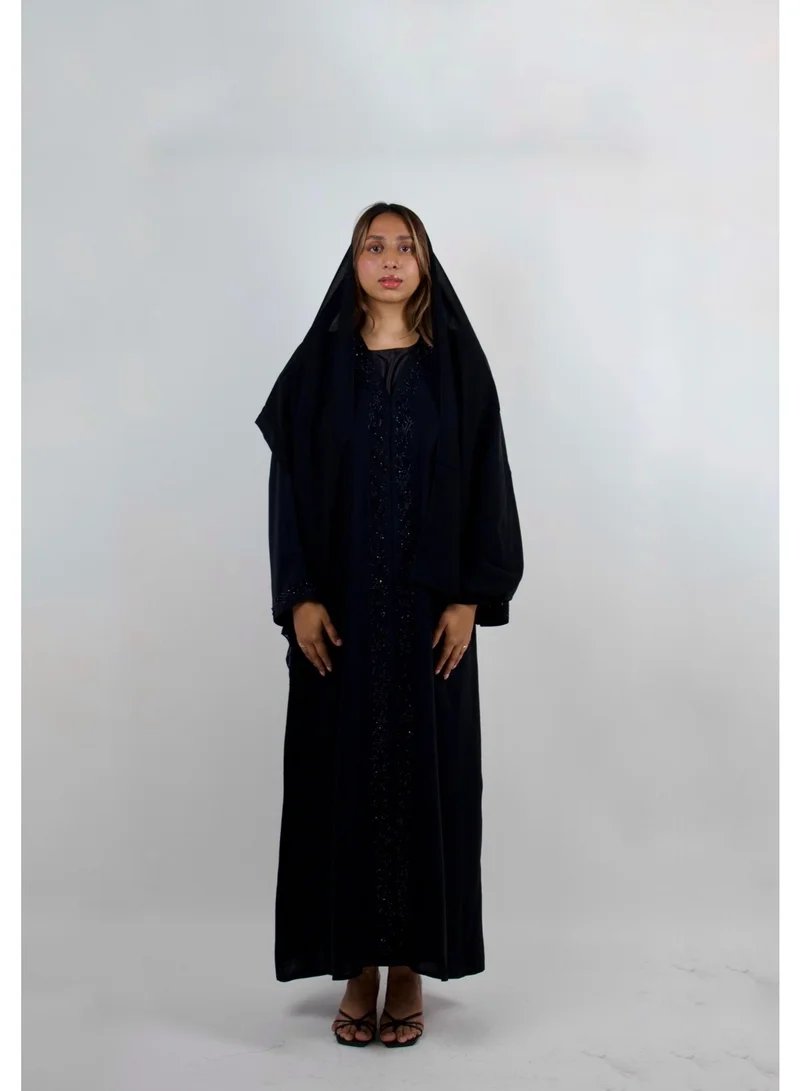 Jameela  Open Front Black Abaya with Intricate Hand-Beaded Stone Work for Women | Best Price UAE