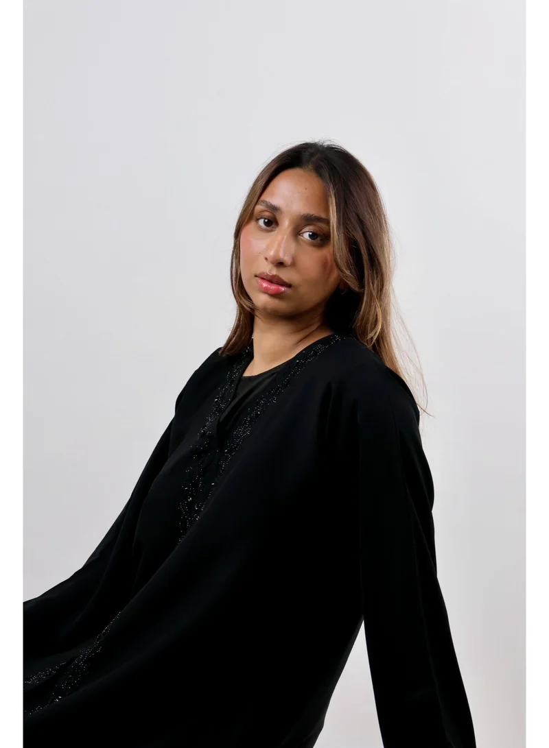 Jameela  Open Front Black Abaya with Intricate Hand-Beaded Stone Work for Women | Best Price UAE