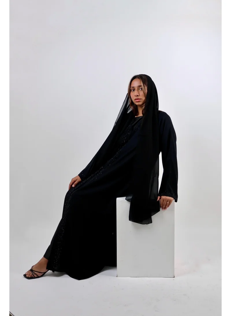 Jameela  Open Front Black Abaya with Intricate Hand-Beaded Stone Work for Women | Best Price UAE