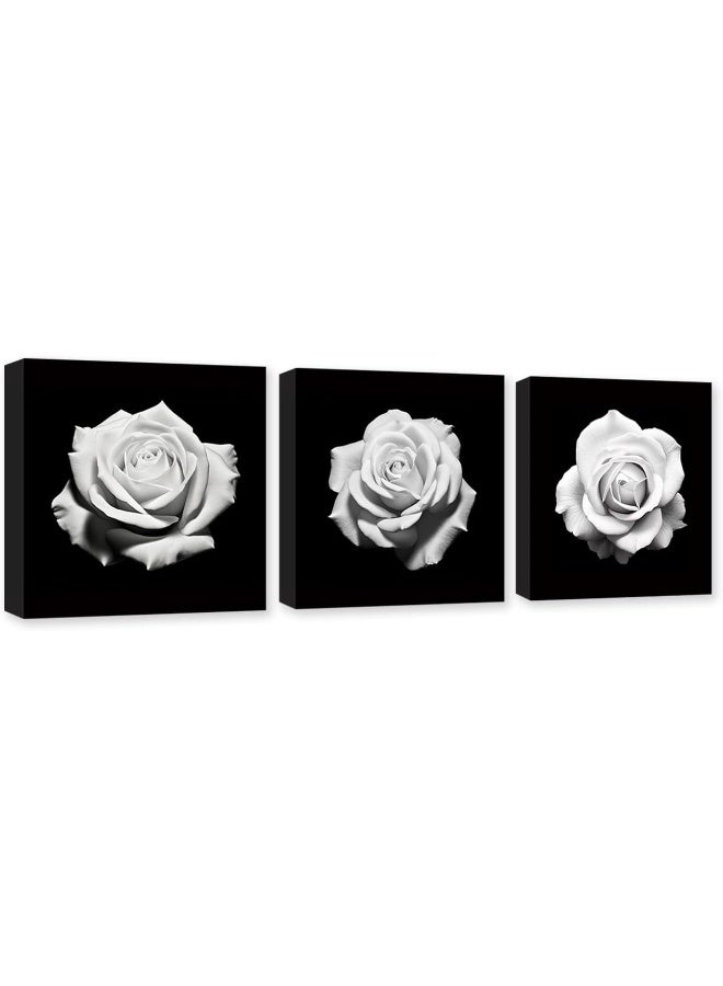 CXHOSTENT 3 Panels Black and White Rose Flower Canvas Wall Art Floral Pictures Wall Decor Flowers Painting Print Bedroom Decor Frame - Image 1