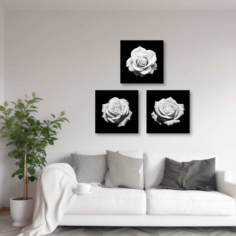 CXHOSTENT 3 Panels Black and White Rose Flower Canvas Wall Art Floral Pictures Wall Decor Flowers Painting Print Bedroom Decor Frame - Image 3