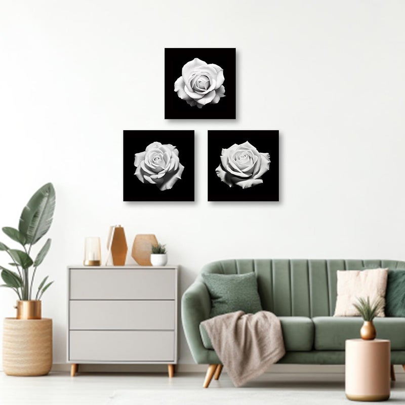 CXHOSTENT 3 Panels Black and White Rose Flower Canvas Wall Art Floral Pictures Wall Decor Flowers Painting Print Bedroom Decor Frame - Image 2