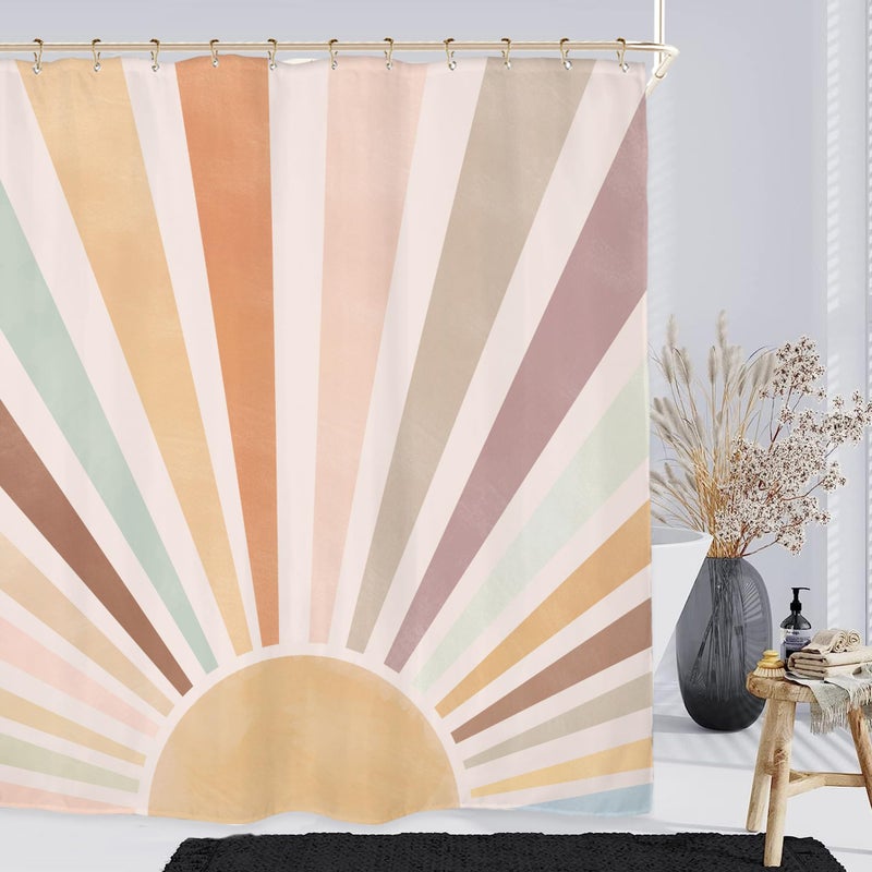 Miyotaa Pastel Sun Rainbow Retro Shower Curtain Set 60Wx71H Inches Minimalist Art Girls Abstract Colorful Aesthetic Vintage Polyester Waterproof Cloth Bathroom Curtain with 12 Hooks - Image 5