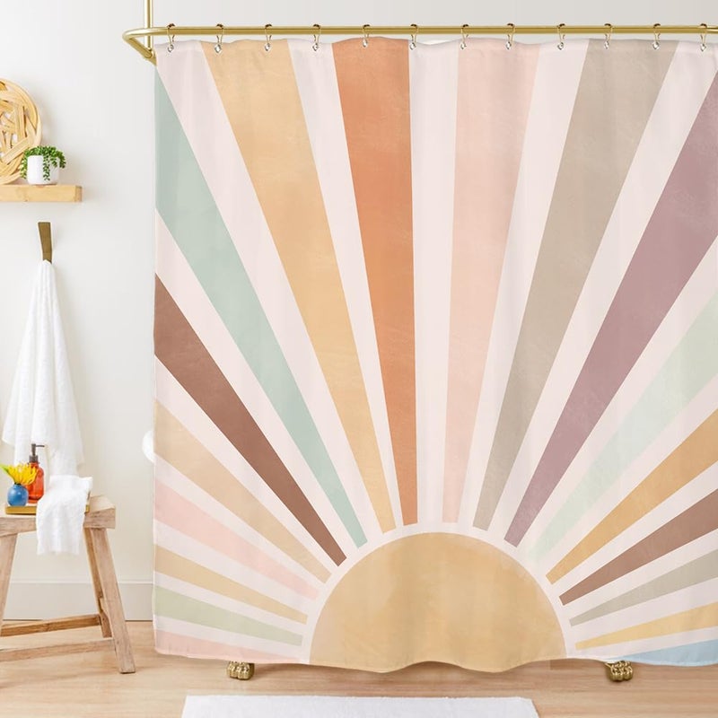 Miyotaa Pastel Sun Rainbow Retro Shower Curtain Set 60Wx71H Inches Minimalist Art Girls Abstract Colorful Aesthetic Vintage Polyester Waterproof Cloth Bathroom Curtain with 12 Hooks - Image 1