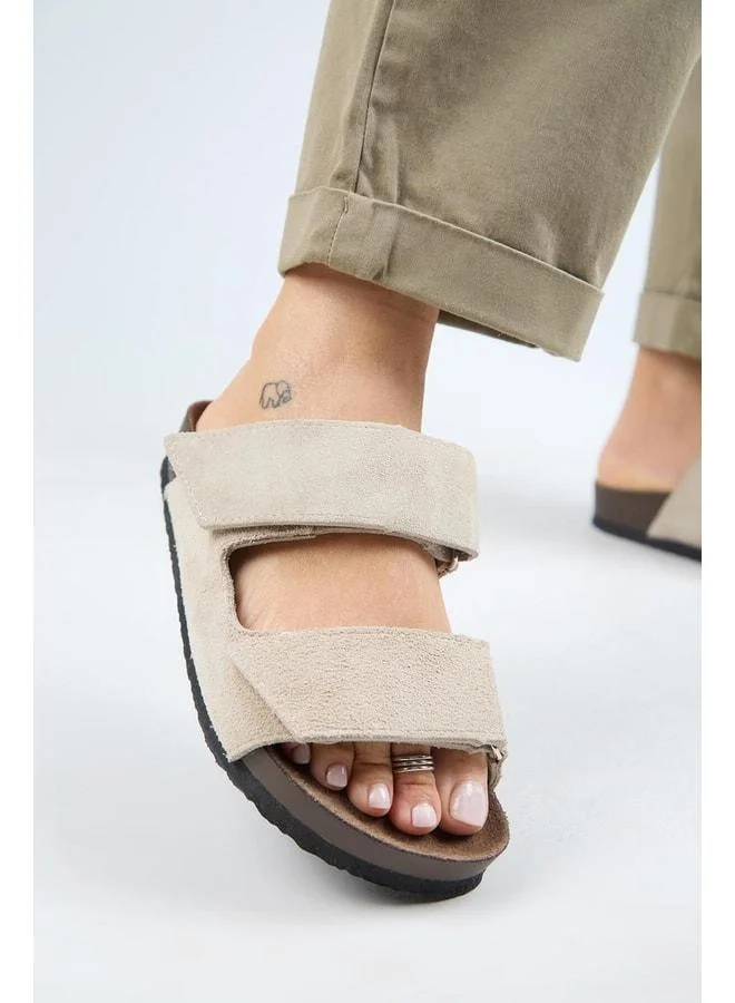 (Vina 2) Women's Genuine Leather Double strap Beige Slippers.