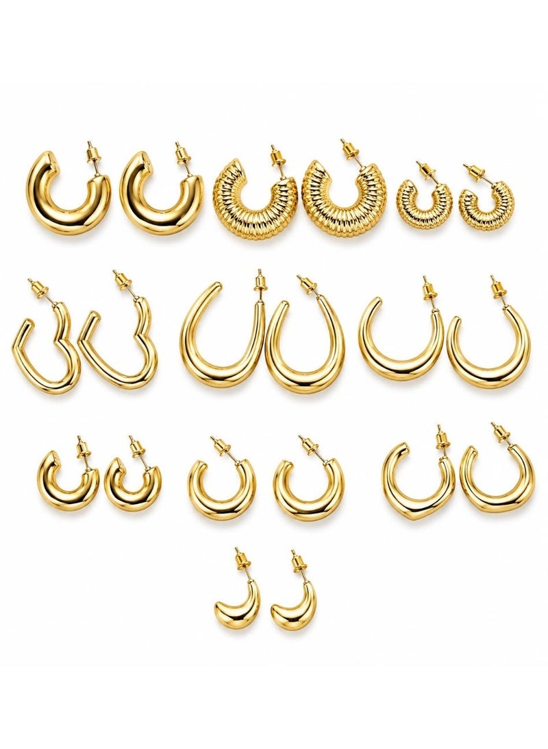شي إن طقم حلقان نسائي 10 أزواج، لون ذهبي، أحجام وتصاميم متنوعة، مقاوم للماء والصدأ - Image 2