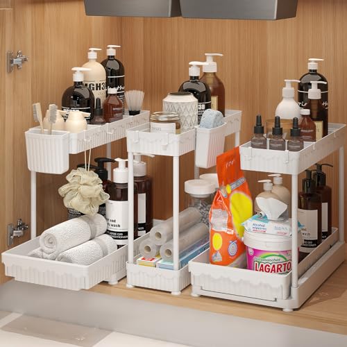 Sevenblue 3 Pack MultiPurpose PullOut Storage Organizers 2Tier LShaped Under SinkCabinet Organizers and Storage for Bathroom KitchenWhite1485 Inch - Image 1
