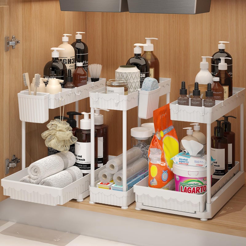 Sevenblue 3 Pack MultiPurpose PullOut Storage Organizers 2Tier LShaped Under SinkCabinet Organizers and Storage for Bathroom KitchenWhite1485 Inch - Image 2
