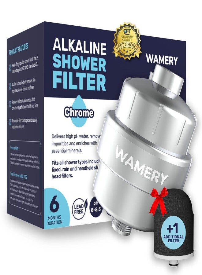 Wamery Shower Head Filter for Hard Water - Alkaline Multi‑Stage Inline Filter, Helps Reduce Chlorine & Odors, Universal 1/2‑Inch Fit, Easy Install, Extra Cartridge Included, Chrome - Image 1