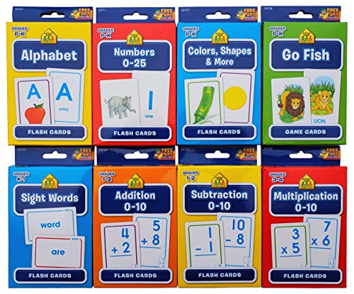 School Zone BTHERE Bundle of 8 School Zone Flash Cards PreK 4th Grade Sight Words Subtraction Multiplication Go Fish Addition Numbers Colors Shapes and Alphabet - Image 1