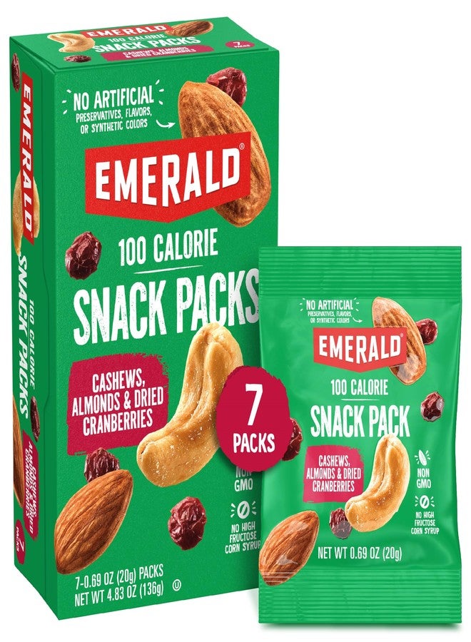Emerald Nuts Cashews and Almonds with Dried Cranberries 7 Ct (1-Pack) | 100-Calorie Individual Packs of Nut Blend and Dried Fruit | Kosher Certified, Non-GMO, Contains No Artificial Preservatives, Flavors or Synthetic Colors - Image 1