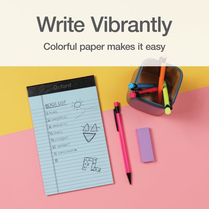 Oxford Color Writing Pads, Jr. Legal Rule, Small Legal Pads, Writing Pads, Notebooks for School and Office, 4 Assorted Colors: 2 Pink, 2 Purple, 1 Blue, 1 Green, 5 inch x 8 inch (1017037) - Image 4