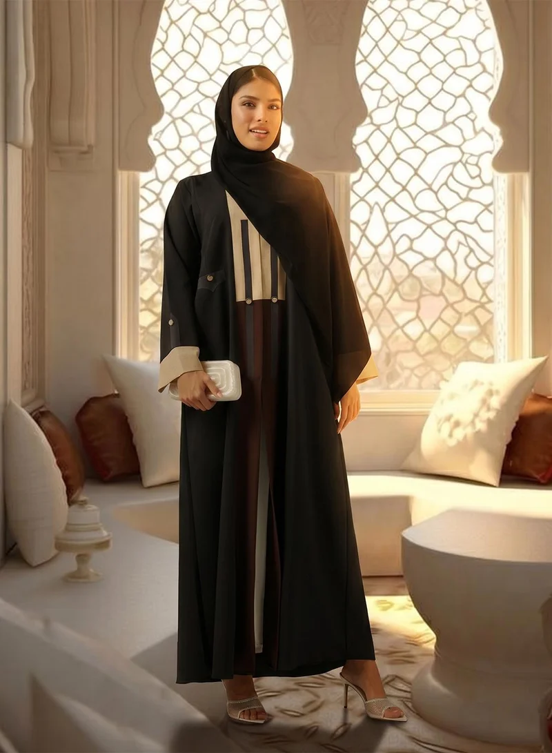 hayas closet Black Abaya with Button Details and Sheila