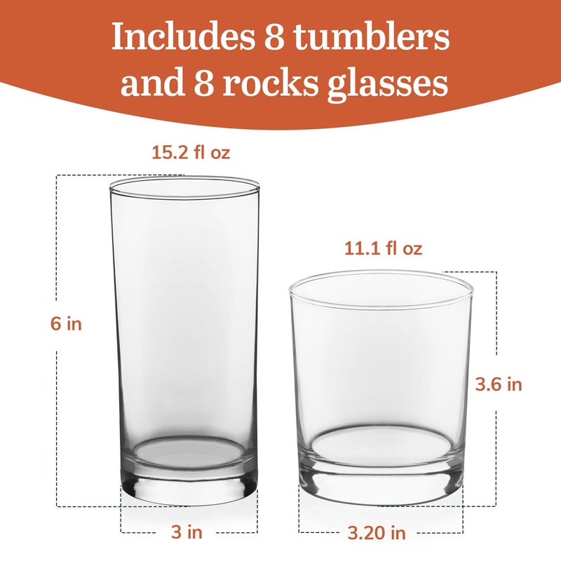 Libbey Province Tumbler and Rocks Glass Set, Elegant Drinkware Glasses Set, Tall Drinking Glasses with Modern Lines, Drinking Glasses Set of 16 - Image 5