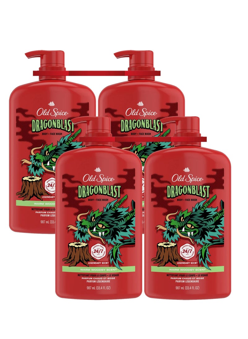 أولد سبايس غسول الجسم والوجه أولد سبايس، مجموعة وايلد دراغون بلاست، برائحة خشبية دافئة - ٤ × ٩٨٧ مل (عبوة من ٤ قطع) - Image 1