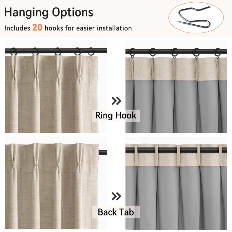 100% Blackout Shield Linen Look Textured Pinch Pleated Curtains Blackout Drapes 96 Inch Long 2 Panels Set, Faux Linen Blackout Curtains for Bedroom & Living Room, 40" W x 96" L, Oatmeal - Image 3