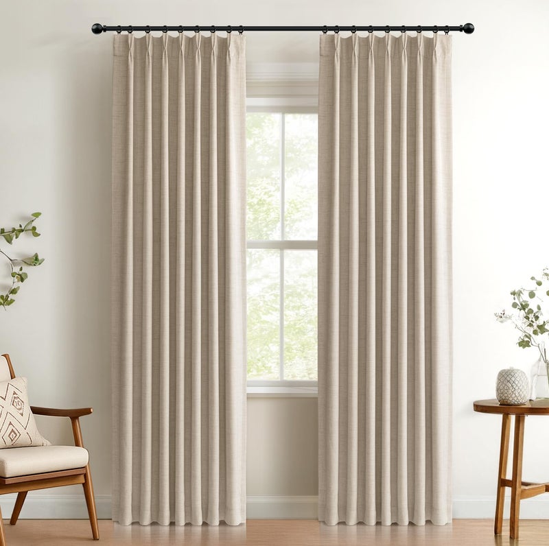 100% Blackout Shield Linen Look Textured Pinch Pleated Curtains Blackout Drapes 96 Inch Long 2 Panels Set, Faux Linen Blackout Curtains for Bedroom & Living Room, 40" W x 96" L, Oatmeal - Image 1