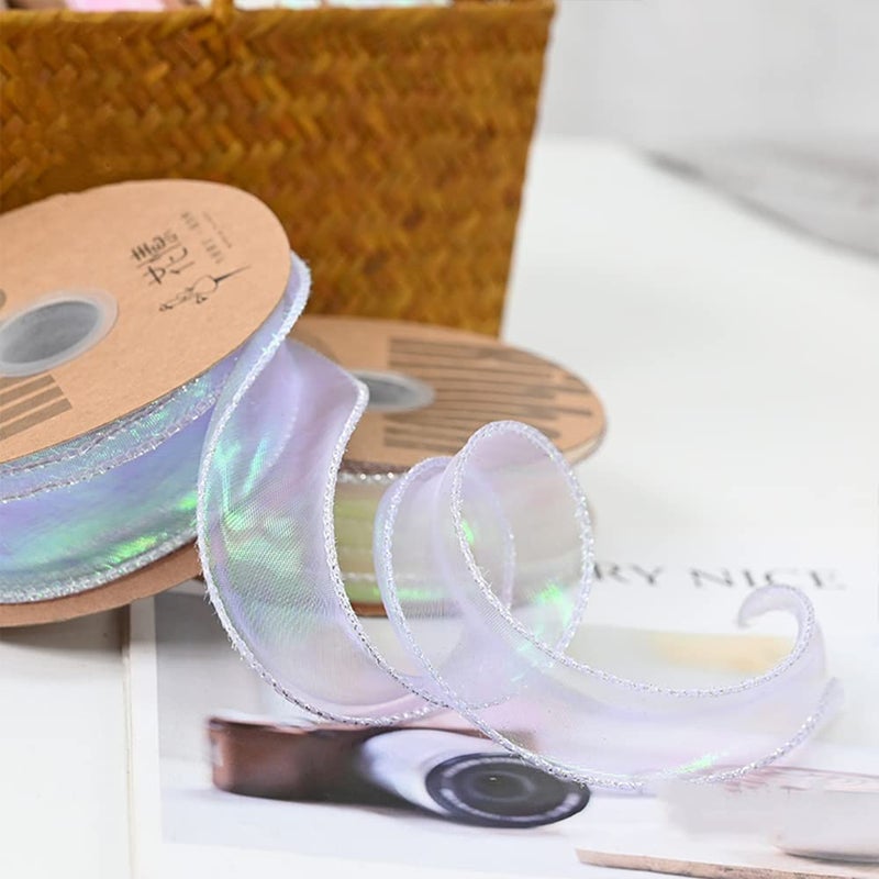 BBJ WRAPS Luxury Iridescent Fishtail Yarn Gift Ribbons for Flowers Bouquet Packaging Korean Sheer Organza Wired Ribbon for Valentines Day Wedding Decorations 16 W Inch x 10 Yards Purple