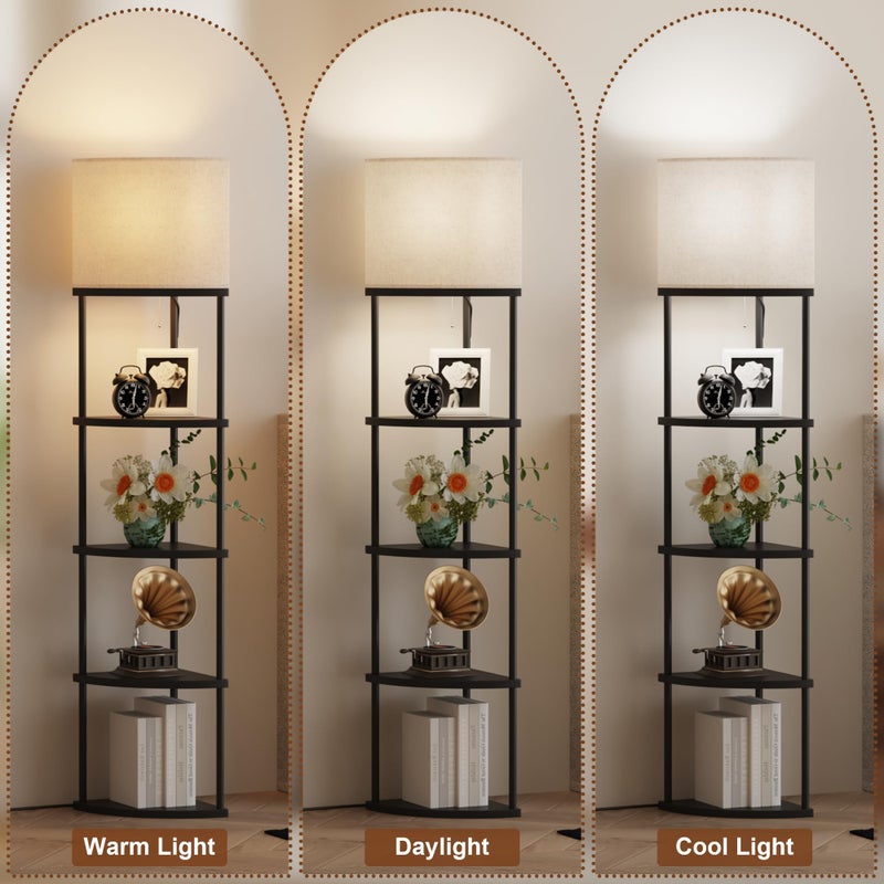 Qupui Floor Lamp with Shelves, Modern 5 Tier Corner Shelf Lamp with 3 Color Temperature Bulb, Storage Home Decor Organizer Shelves for Bedroom Living Room, Black - Image 5