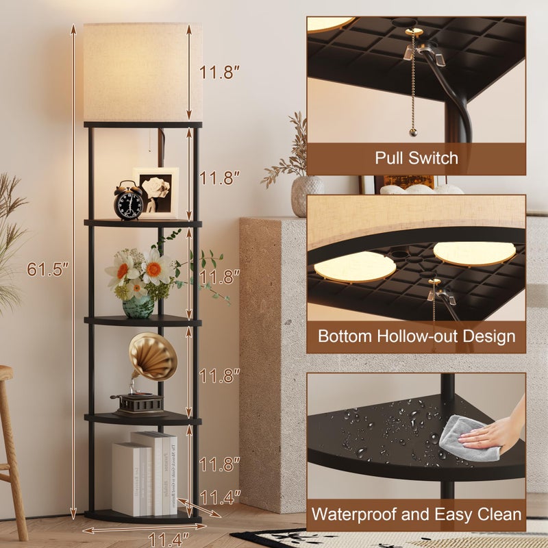Qupui Floor Lamp with Shelves, Modern 5 Tier Corner Shelf Lamp with 3 Color Temperature Bulb, Storage Home Decor Organizer Shelves for Bedroom Living Room, Black - Image 4