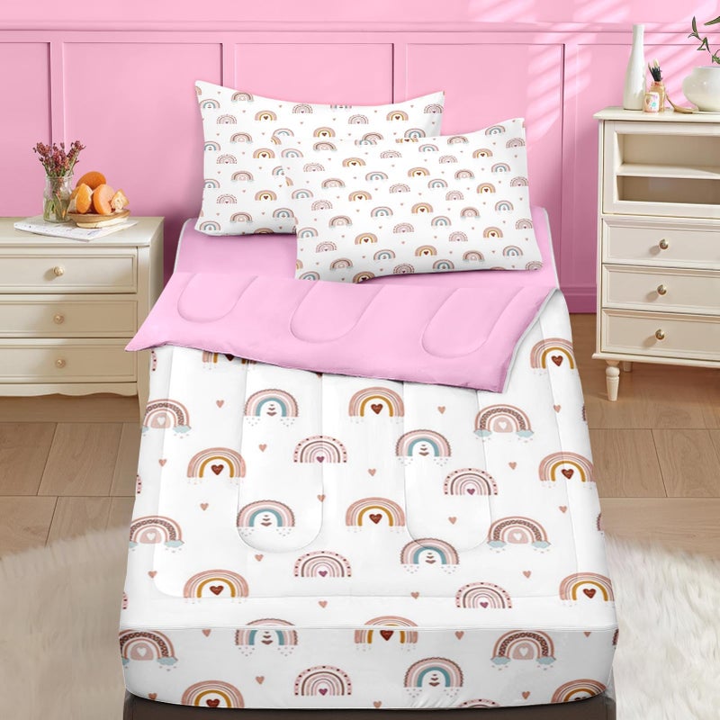 Nesker Zipper Bedding Twin Rainbow Heart Zip Up Bedding Set for Girls and Kids, Pink Boho 3 Pcs Comforter Bed in a Bag with Fitted Sheet and 2 Pcs Pillowcases - Image 1
