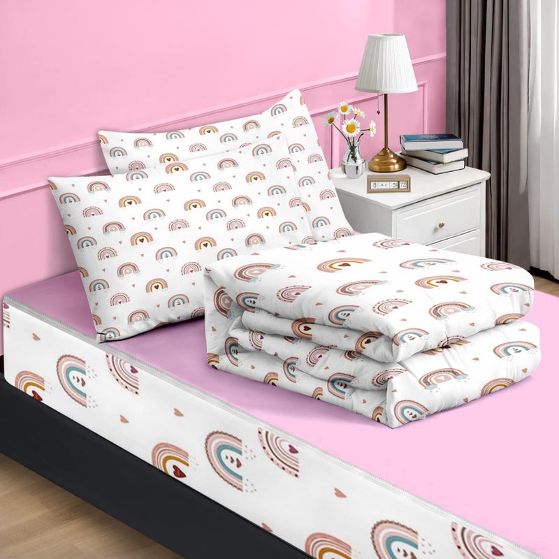 Nesker Zipper Bedding Twin Rainbow Heart Zip Up Bedding Set for Girls and Kids, Pink Boho 3 Pcs Comforter Bed in a Bag with Fitted Sheet and 2 Pcs Pillowcases - Image 2