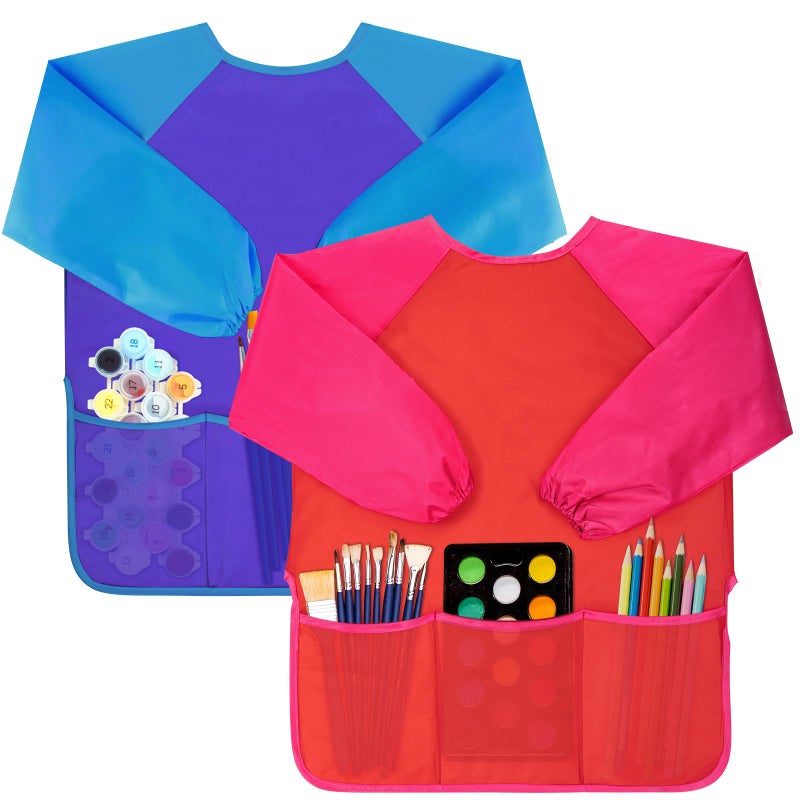 Bassion 2 Pack Kids Art Smock Toddlers Painting Aprons Colorful Waterproof Children Artist Smock with Long Sleeve 3 Roomy Pockets for Age 28 Years GiftsRed Purple - Image 2