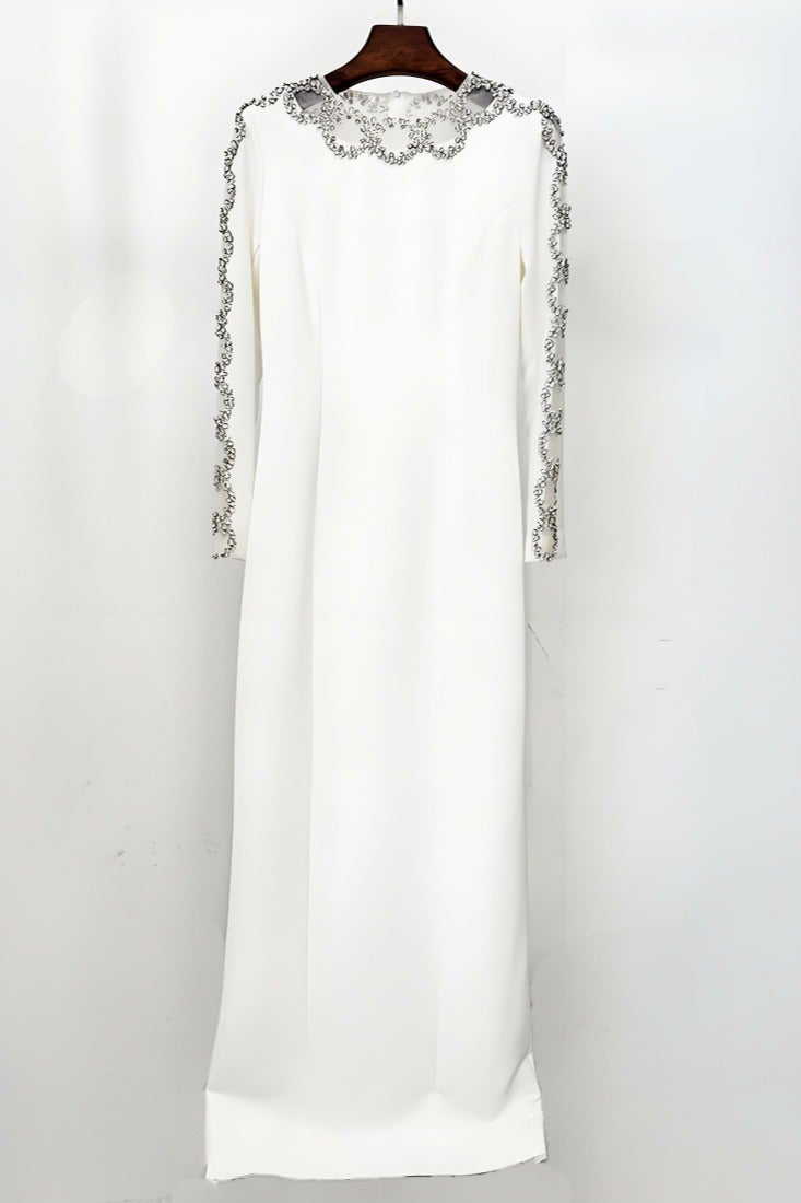 Loquat Women's Hollowed Long Sleeves Rhinestone Beaded Decoration Maxi Gown Dresses White - Image 1