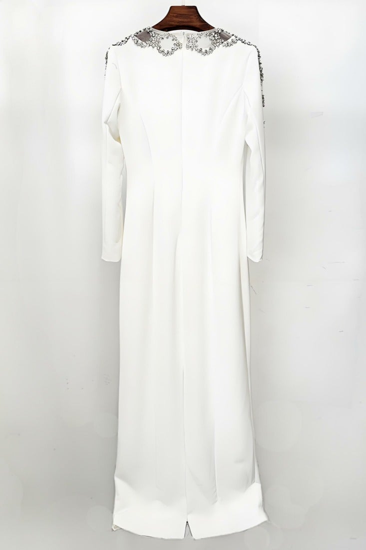 Loquat Women's Hollowed Long Sleeves Rhinestone Beaded Decoration Maxi Gown Dresses White - Image 2