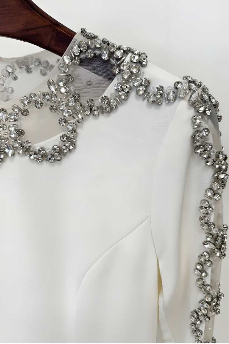 Loquat Women's Hollowed Long Sleeves Rhinestone Beaded Decoration Maxi Gown Dresses White - Image 3