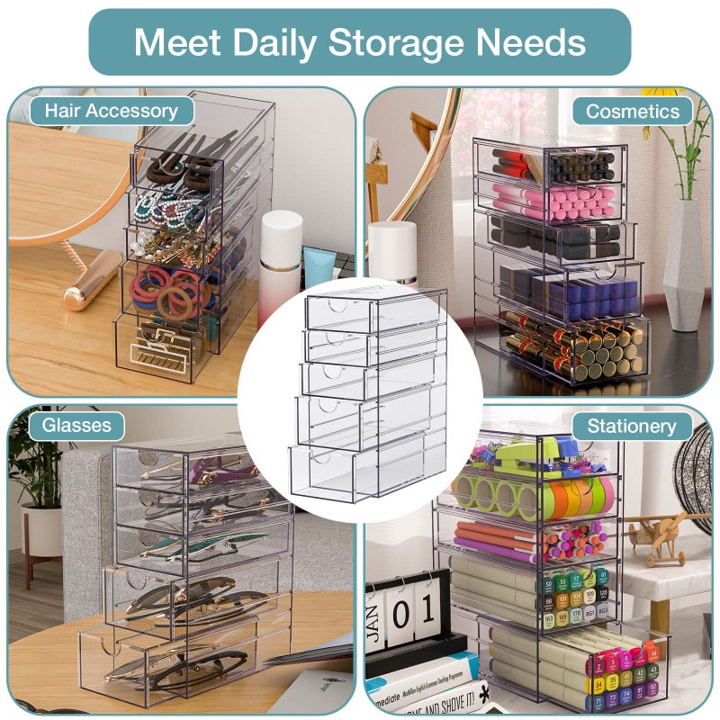Noverlife Clear Containers for Hair Accessory Organizing, Plastic Hair Accessory Organizer Box with 5 Drawers, Hair Accessory Container, Storage Organization Drawers Set for Hair Ties Accessory - Image 2