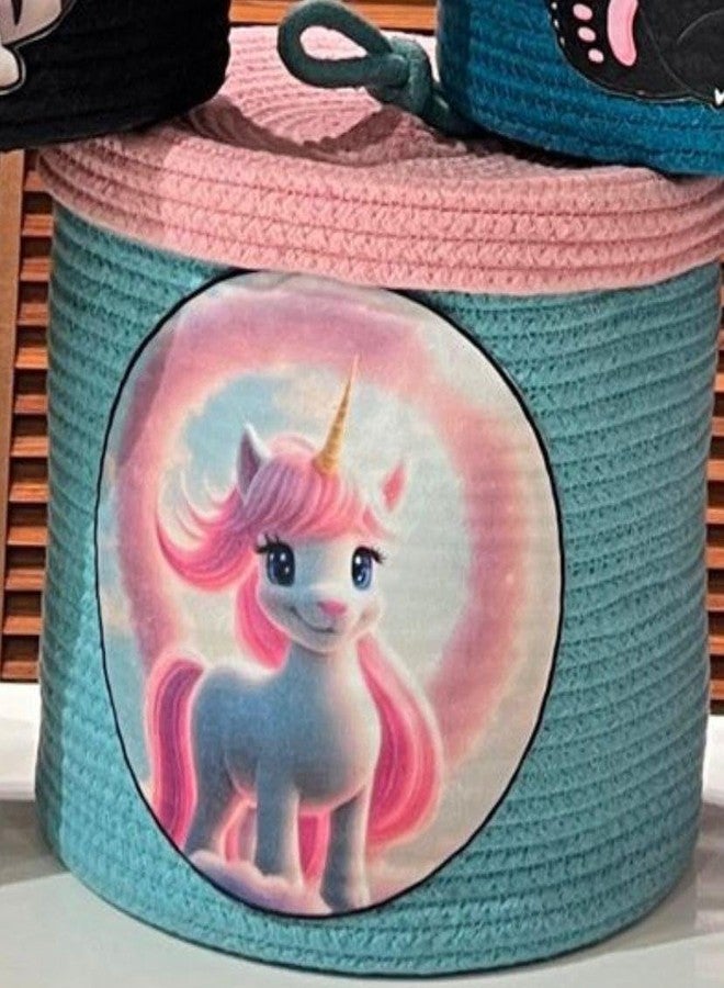 Rosslyn Kids Lid Basket with Beautiful Characters - Rope Storage Basket for Baby Diaper, Stuffed Animal Storage Bin Rope Basket for Kids Toy - Baby Laundry Baskets with lid, Unicorrm