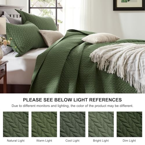 SunStyle Home Olive Green Queen Quilt Bedding Set, Lightweight Comforter Bedspread Blanket Full Queen Size Quilt, Luxury Quilted Stitching Coverlet with 2 Pillow Shams Leaf Embroidered Pattern 3pcs - Image 4