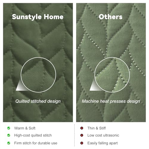 SunStyle Home Olive Green Queen Quilt Bedding Set, Lightweight Comforter Bedspread Blanket Full Queen Size Quilt, Luxury Quilted Stitching Coverlet with 2 Pillow Shams Leaf Embroidered Pattern 3pcs - Image 3